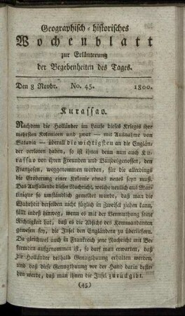 No. 45. Den 8. Novbr. 1800. Kurassao.
