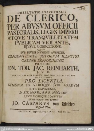 Dissertatio Inauguralis De Clerico, Per Abusum Officii Pastoralis, Leges Imperii Atque Tranquillitatem Publicam Violante Eiusve Coercitione