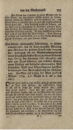 Eine biblisch-astronomische Abhandlung, in welcher erwiesen wird, daß die Copernikanische Meynung vom Weltbaue der heiligen Schrift nicht entgegen sey. - Beig.: Abhandlung von den Vorbedeutungen einer Mondenfinsterniß am Geburtstage.
