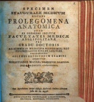 Specimen Inaugurale Medicum Sistens Prolegomena Anatomica