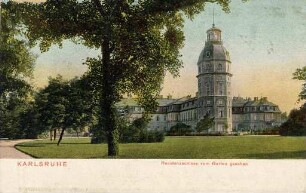 Postkartenalbum mit Motiven von Karlsruhe. "Karlsruhe. Residenzschloss vom Garten aus gesehen". Schlossgarten mit Schlossturm