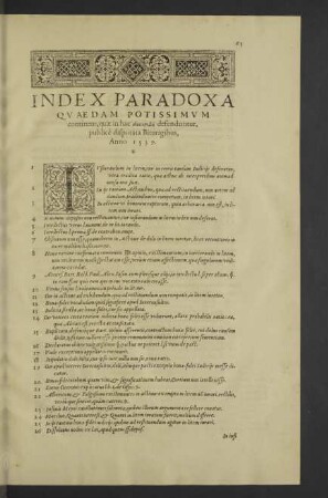 Index Paradoxa quaedam potissimum continens,