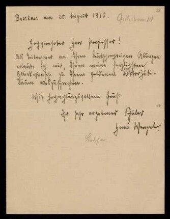 Brief von Hans Wenzel an Otto von Gierke, Breslau, 20.8.1910