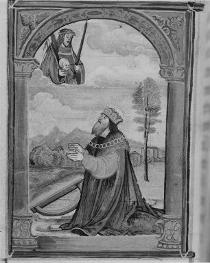 König David erscheint Gott am Himmel, Schwert und Totenkopf haltend, Seite 1(v) : König David erscheint Gott am Himmel, Schwert und Totenkopf haltend, Seite 1(v). Deckfarben, Pergament; 10 x 7,8 cm (Blattgröße). Aus: Aurelius Augustinus: Dy sybenn buß Psalmen, die leteney, andere Gebete. [Geschriben vnnd geendet...Nuremberg...Bernhardum Gruber]