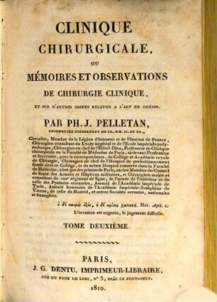 Clinique chirurgicale, ou mémoires et observations de chirurgie clinique, et sur d'autres objets relatifs à l'art de guérir, 2