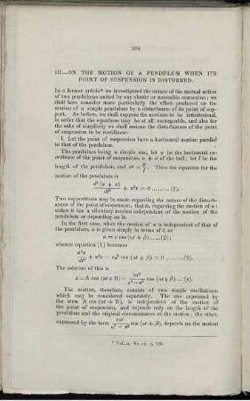 III. - On the motion of a pendulum when ist point of suspension is disturbed.