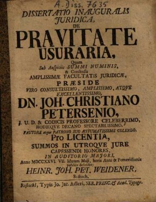 Dissertatio Inauguralis Iuridica, De Pravitate Usuraria