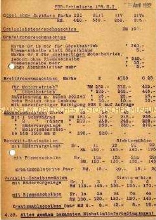 Preisliste über landwirtschaftliche Geräte und Maschinen