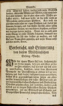 Vorbericht, und Erinnerung von diesem Mühlhäusischen Gesang-Buche.