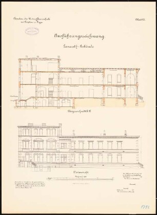 Unteroffiziersschule, Treptow/Rega: Lazarettgebäude: Aufriss Westansicht, Längsschnitt 1:100