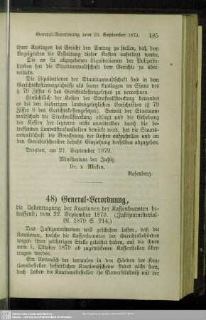 48) General-Verordnung, die Uebertragung der Kautionen der Kassenbeamten betreffend; vom 22. September 1879