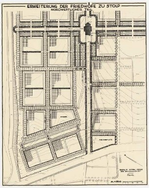 Erweiterung der Friedhöfe, Stolp: Grundriss des nordwestlichen Teils der geplanten Erweiterung des Friedhofs mit Höhenlinien 1:500, Maßstabsleiste