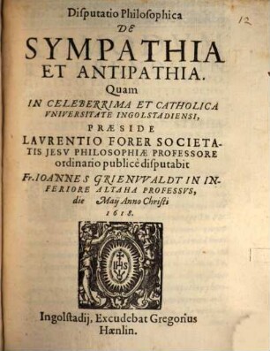 Disputatio philosophica de sympathia et antipathia