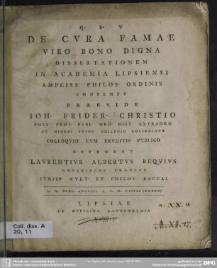 De Cura Famae Viro Bono Digna Dissertationem In Academia Lipsiensi ...