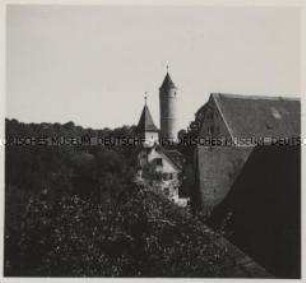 Dinkelsbühl, Blick vom Segriner Tor auf Dreikönigsturm und Grünen Turm