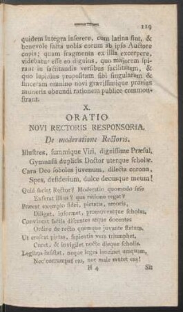 X. Oratio Novi Rectoris Resoponsoria. De moderatione Rectoris