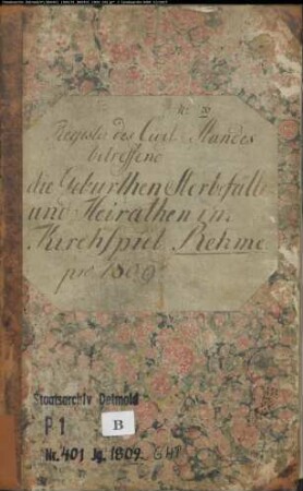 Zivilstandsregister der evangelischen Gemeinde Rehme, Kreis Minden (GHT 1809) (Gemeinde: Evangelische Gemeinde Rehme)
