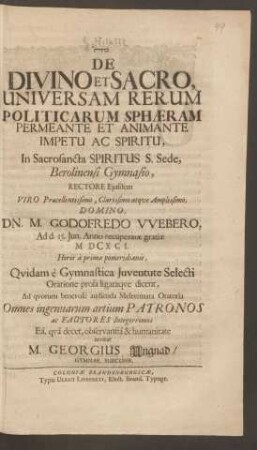De Divino Et Sacro, Universam Rerum Politicarum Sphaeram Permeante Et Animante Impetu Ac Spiritu