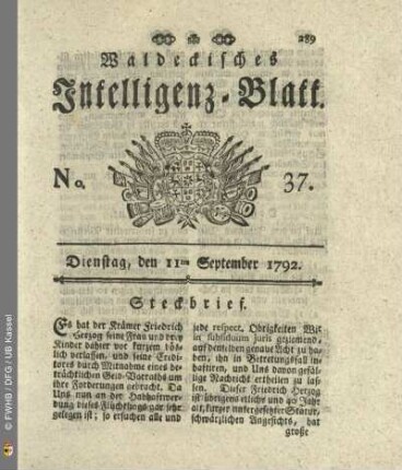 No. 37. Dienstag, den 11ten September 1792