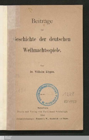 Beiträge zur Geschichte der deutschen Weihnachtsspiele