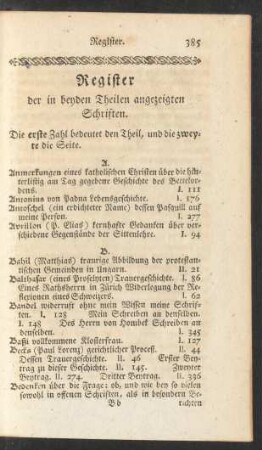 Register der in beyden Theilen angezeigten Schriften
