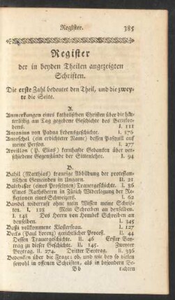 Register der in beyden Theilen angezeigten Schriften