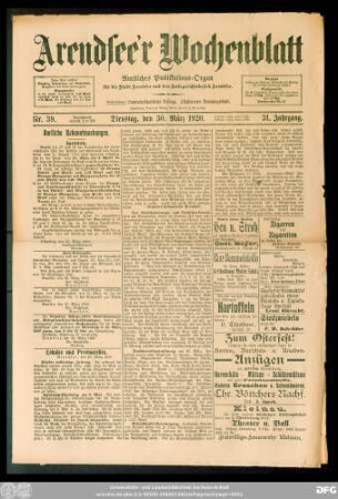 Arendsee'r Wochenblatt, Nr. 39. Dienstag, den 30. März 1920.