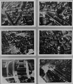 Ausstellungstafel mit Szenen aus dem Dokumentarfilm "Flugbetrieb auf dem Flughafen Dresden-Kaditz" 1925 (Luftaufnahmen vom Stadtzentrum). Dresden, Galerie Nord. Ausstellung "Borchert, Christian, Dresden - Bilder aus Dokumentarfilmen 1913–1949"