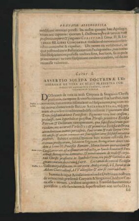 Caput I. Assertio Solida Doctrinae Lutheranae De Vera Ac Reali Praesentia Corporis Et Sanguinis Christi ...