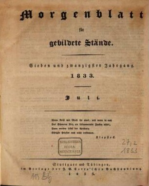 Morgenblatt für gebildete Stände. 27,2, 27,2. 1833
