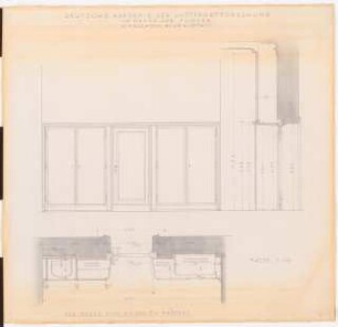 Preußischer Landtag, Berlin Umbau zum »Haus der Flieger«: Akademie für Luftfahrtforschung, Büro Raum 4 (Tür und Wandgestaltung): Ansicht, Schnitte, Grundriss 1:10