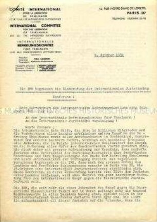 Hektografiertes Schreiben der Internationalen Roten Hilfe an das Internationale Komitee zur Befreiung von Ernst Thälmann - Sachkonvolut