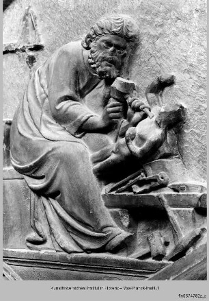 Erschaffung des Menschen und erste Erfindungen : Sculptura als Bildhauer, der eine Figur meißelt