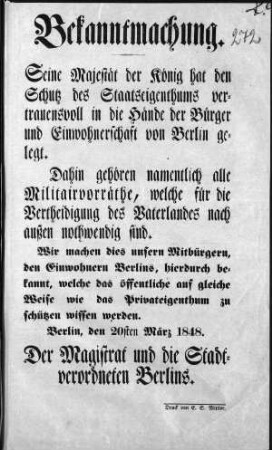 Bekanntmachung. Seine Majestät der König hat den Schutz des Staatseigenthums [...] (Sammlung Friedlaender)