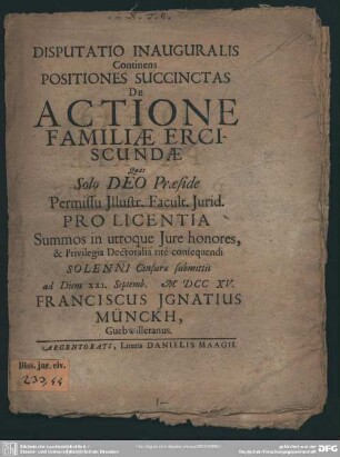 Disputatio Inauguralis Continens Positiones Succinctas De Actione Familiae Erciscundae