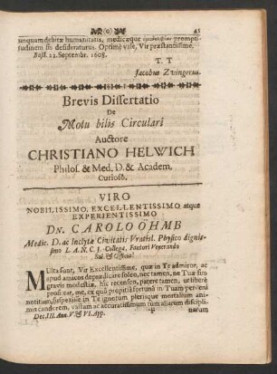 Brevis Dissertatio De Motu bilis Circulari Auctore Christiano Helwich ...