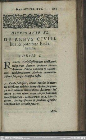 Disputatio XX. De Rebus Civilibus: & potestate Ecclesiastica