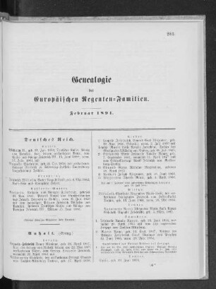 Genealogie der Europäischen Regenten-Familien. Februar 1891.