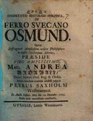 Diss. hist. pol. de ferro Suecano Osmund