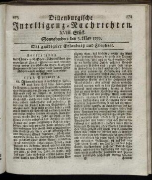 XVIII. Stück. Sonnabends: den 3. May 1777.