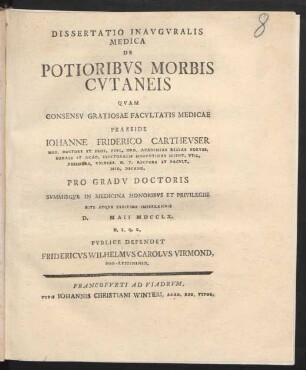 Dissertatio Inauguralis Medica De Potioribus Morbis Cutaneis