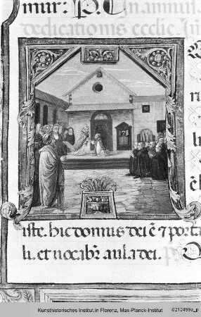 Missale Romanum : Textseite mit Miniaturen zur Weihe der Kirche Sankt Aegidius