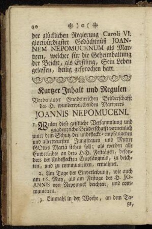 Kurtzer Inhalt und Regulen Vorbenanter Gnadenreichen Brüderschafft des H. wunderwürckenden Martyrers Joannis Nepomuceni
