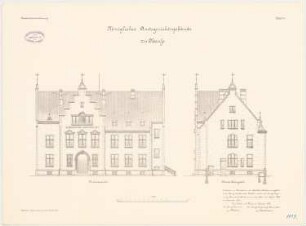 Amtsgericht, Neuss: Aufriss Vorderansicht, nordwestliche Giebelansicht 1:100