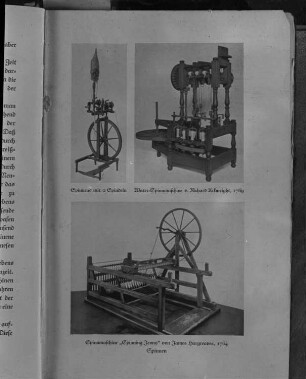 Spinnen. Spinnrad mit zwei Spindeln. Water[frame]-Spinnmaschine (R. Arkwright;1769). Spinnmaschine "Spinning Jenny" (J, Hargreaves; 1764). 3 Illustrationen auf einer Buchseite