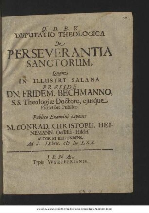 Disputatio Theologica De Perseverantia Sanctorum