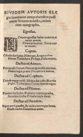 Eiusdem Autoris Elegia summatim comprehendens passionem Servatoris nostri, collata cum autographo.