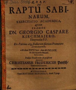De Raptu Sabinarum, Exercitatio Academica
