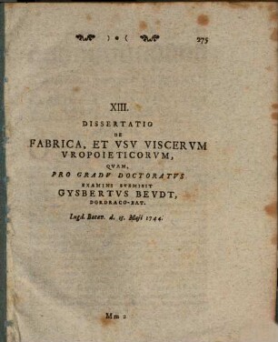 XIII. Dissertatio de fabrica et usu viscerum uropoieticorum
