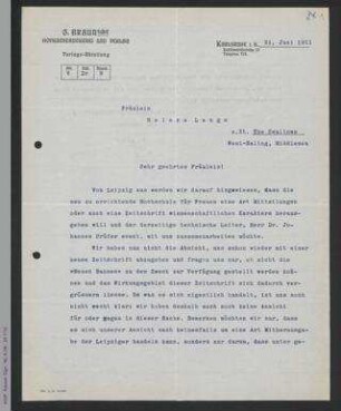 Brief vom G. Braun-Verlag an Helene Lange